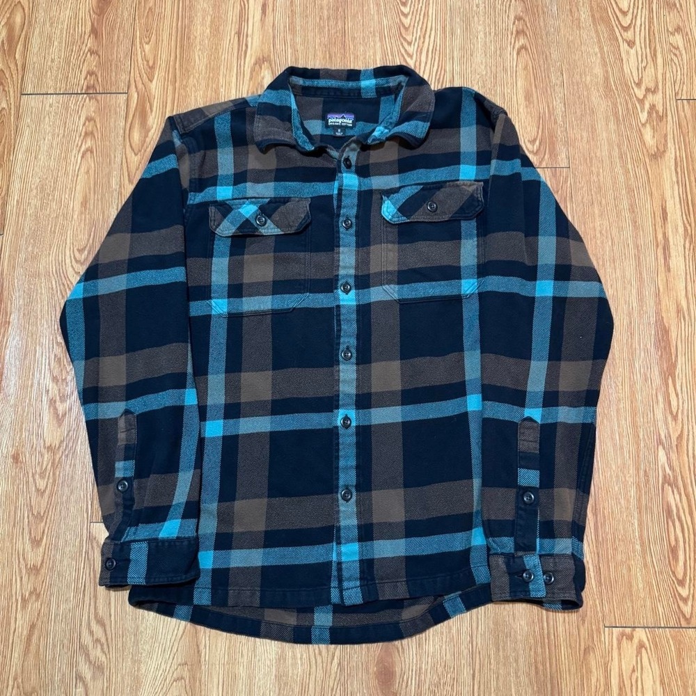 Patagonia Men's Flannel Shirt Medium Organic Cotton Heavy Plaid Brown Green